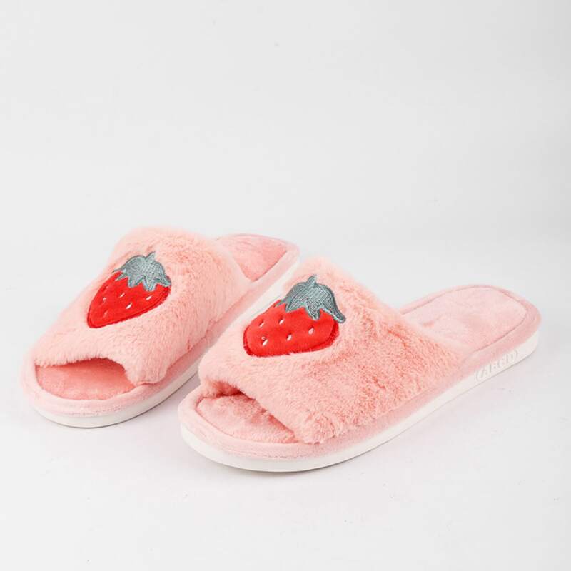 

Strawberry Print Fluffy Slippers, Baby pink