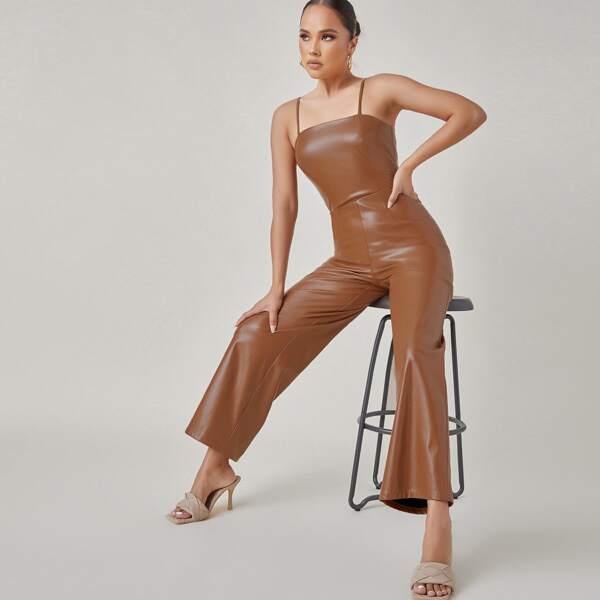 

Zip Back PU Leather Wide Leg Jumpsuit, Brown