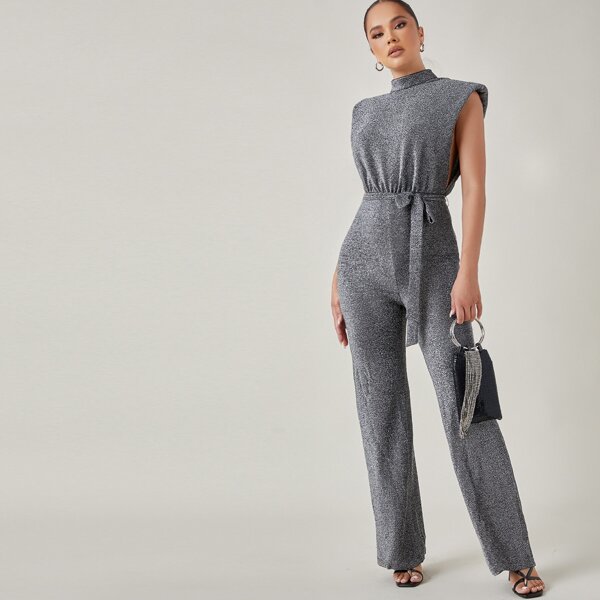

Shoulder Pad Tie Front Glitter Jumpsuit, Grey