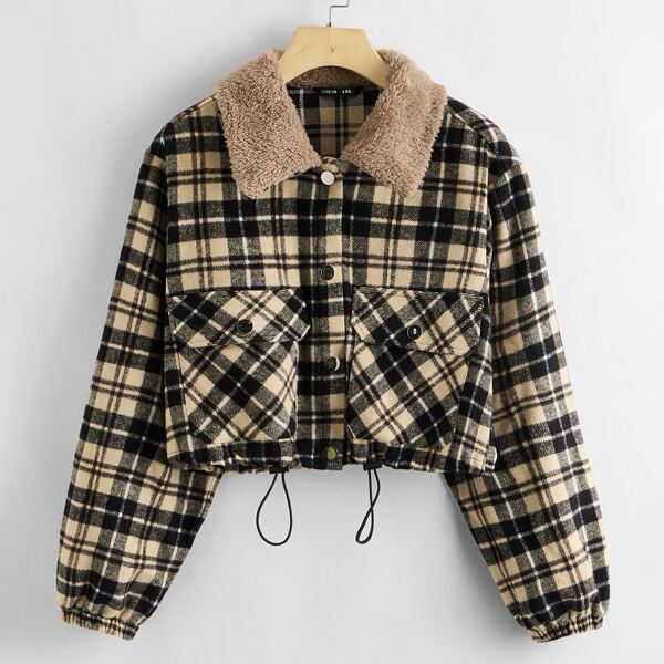 

Plus Single Breasted Flap Pocket Plaid Jacket, Multicolor