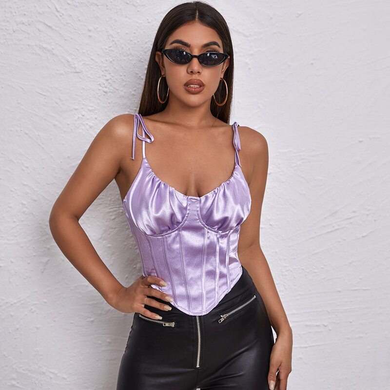 

Tie Shoulder Ruched Bust Satin Cami Top, Violet purple