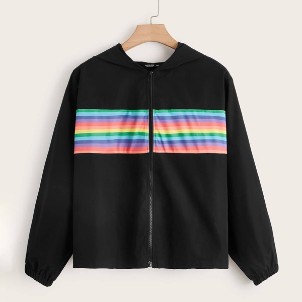 

Plus Rainbow Stripe Zip Up Hooded Jacket, Black