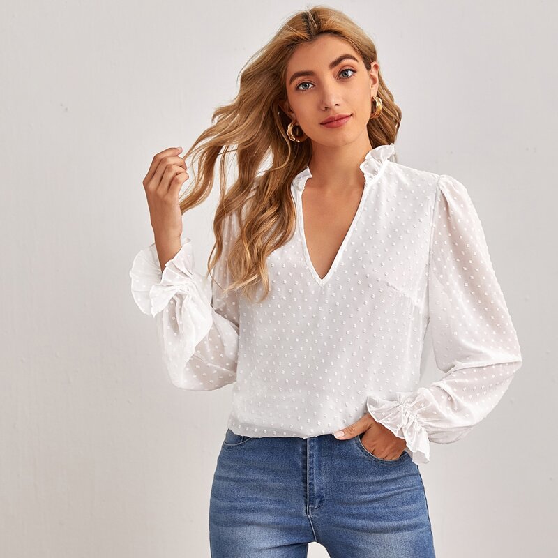 

Frill Detail Swiss Dot Top, White