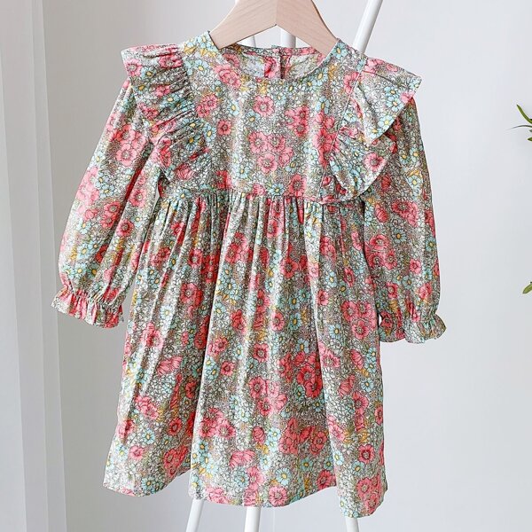 

Toddler Girl Ruffle Trim Button Back Babydoll Dress, Multicolor