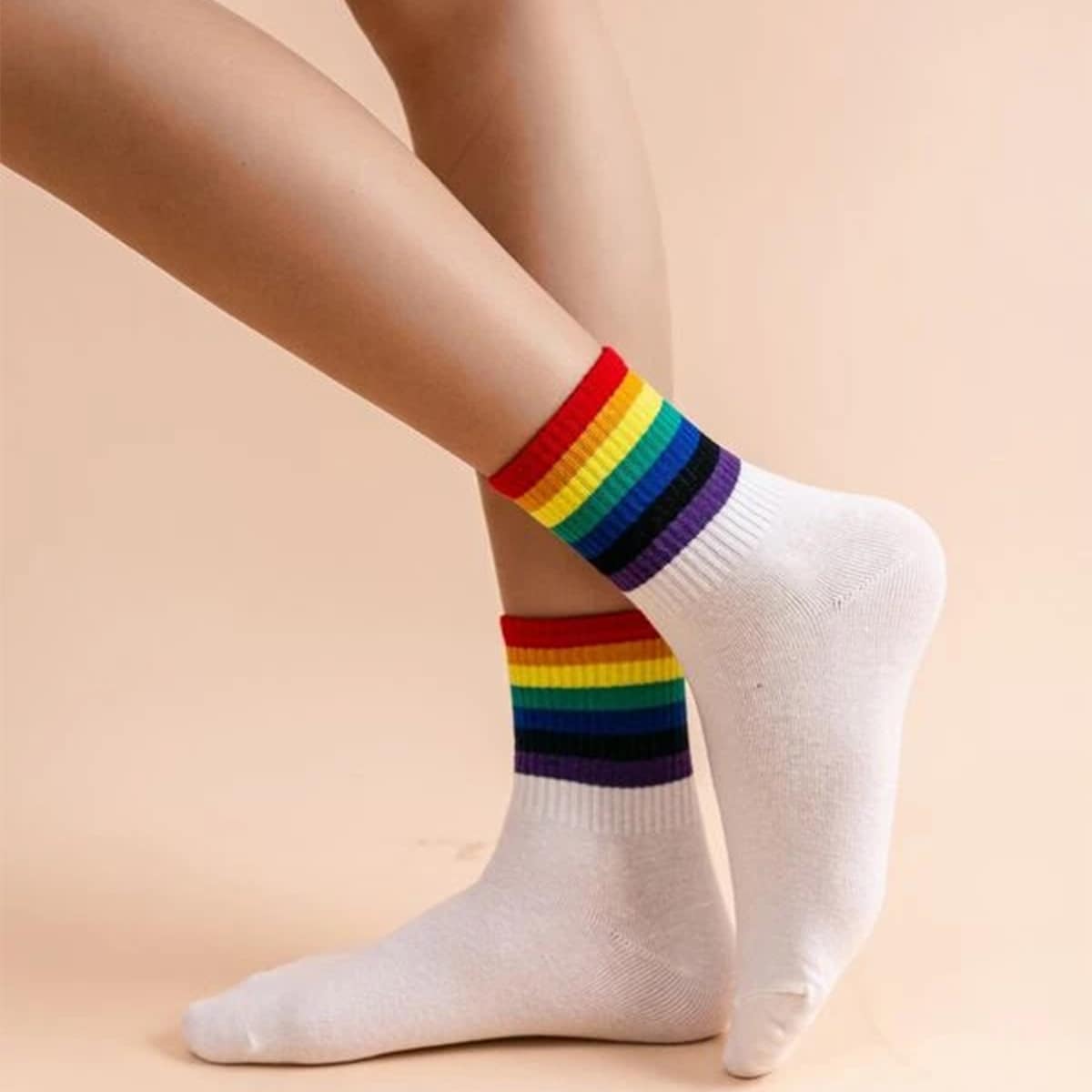 

3pairs Rainbow Stripe Crew Socks, White