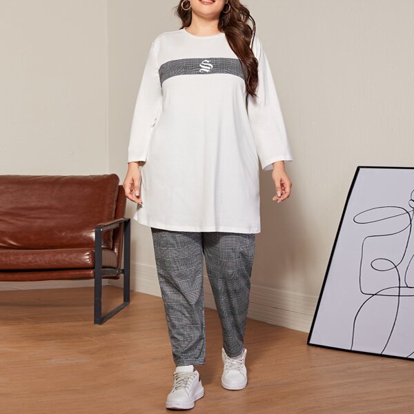 

Plus Plaid Panel Top & Pants Set, Black and white