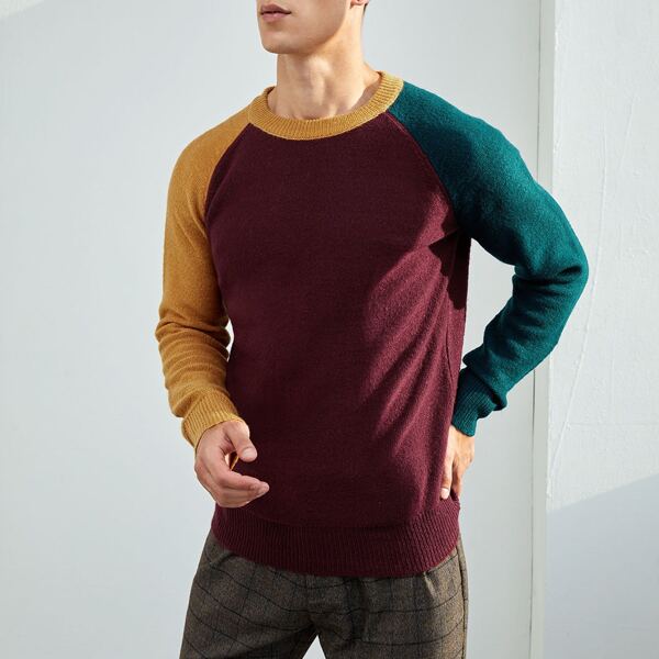 

Men Raglan Sleeve Colorblock Sweater, Maroon