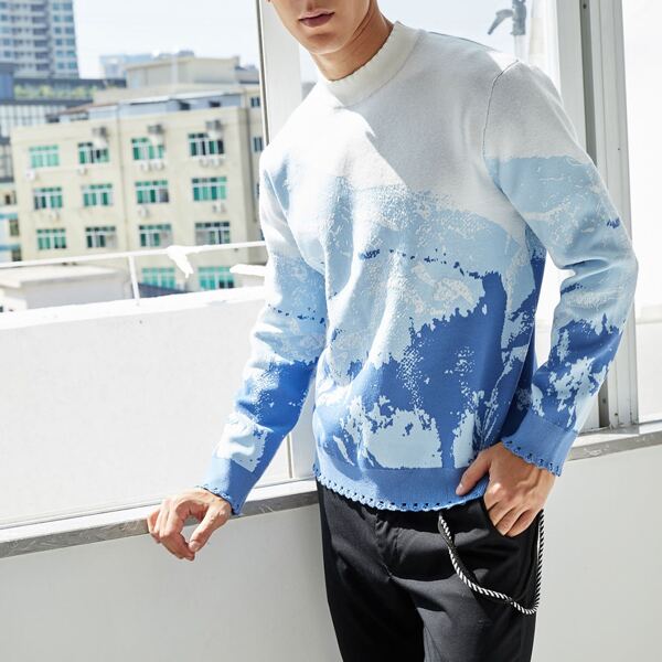 

Men Graphic Pattern Distressed Hem Sweater, Blue and white