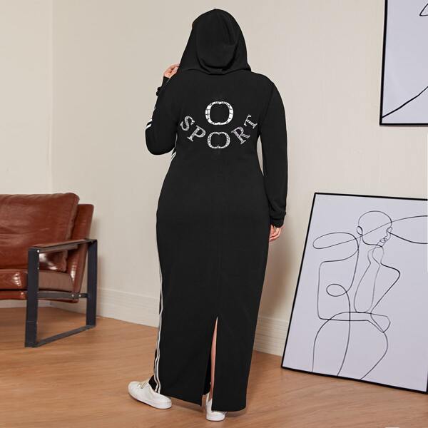 

Платье размера плюс с капюшоном, текстовым принтом и молнией, Чёрный