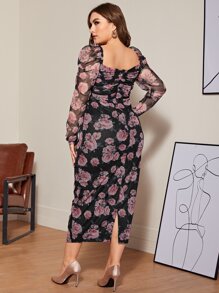 SHEIN Clasi Vestido con malla floral con abertura trasera - Multicolor - Ver 2