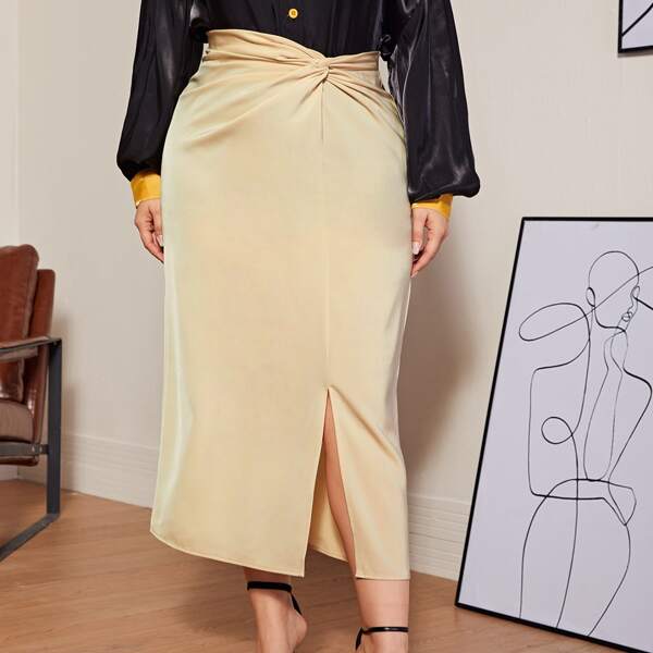

Plus Twist Waist Split Hem Skirt, Khaki