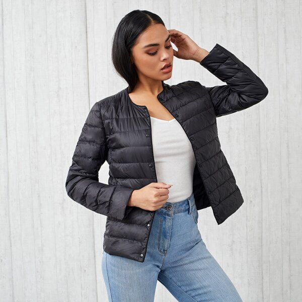 

Lightweight Press Button Quilted Down Coat, Black