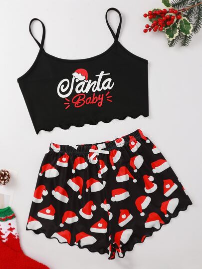 Scallop Trim Christmas Hat & Letter Graphic PJ Set