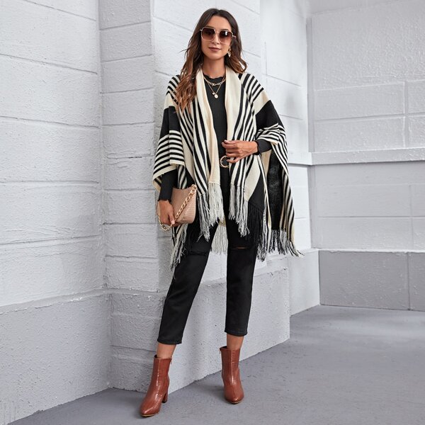 

Fringe Hem Striped Cardigan, Multicolor