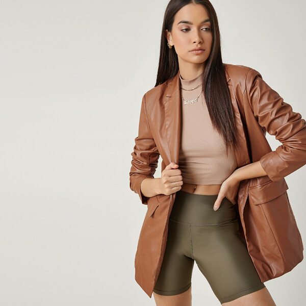 

Lapel Neck PU Leather Blazer, Coffee brown