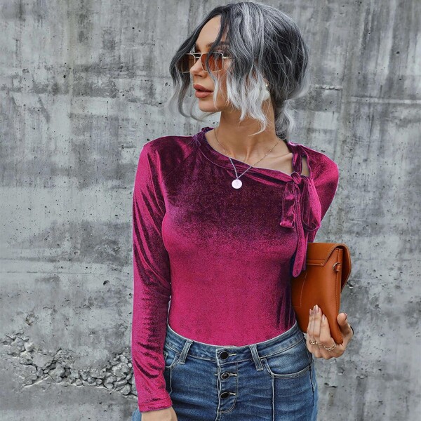 

Tie Neck Raglan Sleeve Velvet Tee, Red violet
