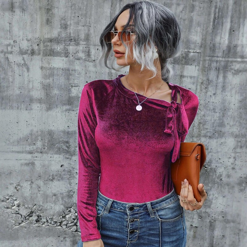 

Tie Neck Raglan Sleeve Velvet Tee, Red violet