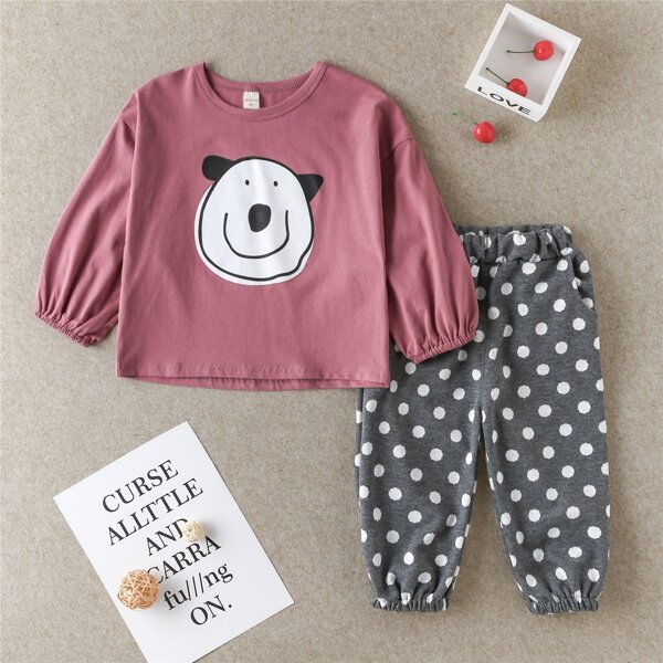 

Toddler Girls Cartoon Graphic Tee With Polka Dot Joggers, Multicolor