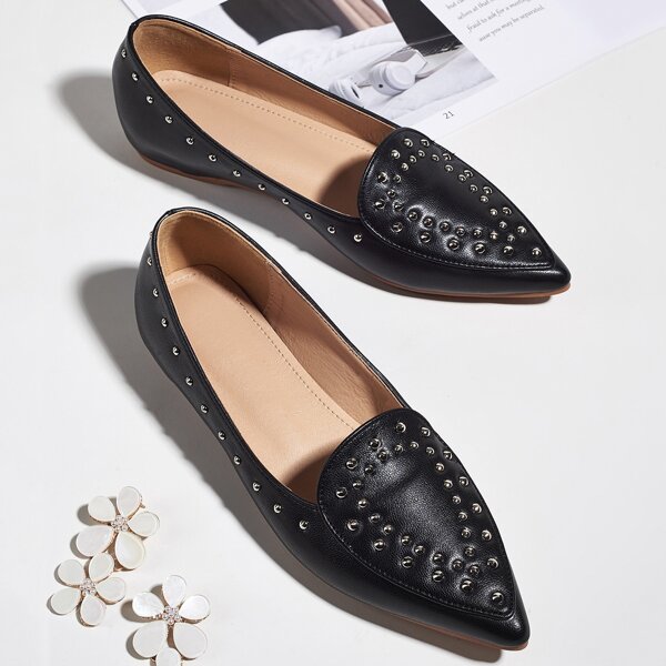 

Point Toe Studded Decor Loafers, Black