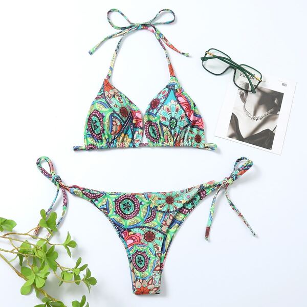 

Floral Triangle Tie Side Bikini Swimsuit, Multicolor