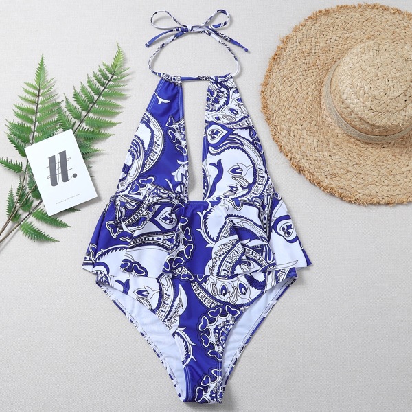 

Allover Graphic Ruffle Cut-out One Piece Swimsuit, Blue and white
