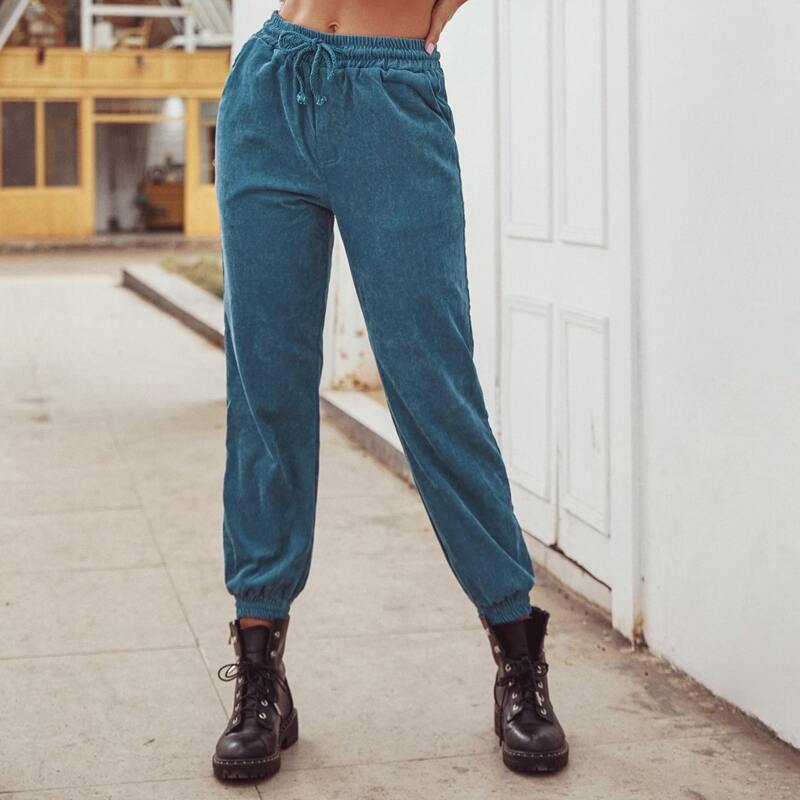 

Drawstring Pocket Corduroy Carrot Pants, Dusty blue