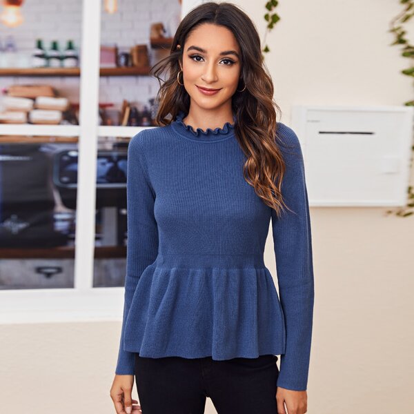 

Frilled Neck Flare Hem Sweater, Blue