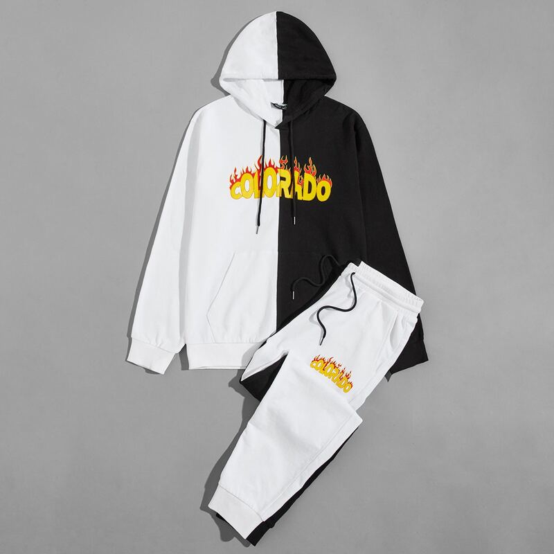 

Guys Fire & Letter Graphic Colorblock Hoodie And Joggers Set, Black and white