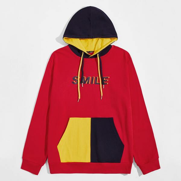 

Men Pouch Pocket Letter Graphic Colorblock Hoodie, Red