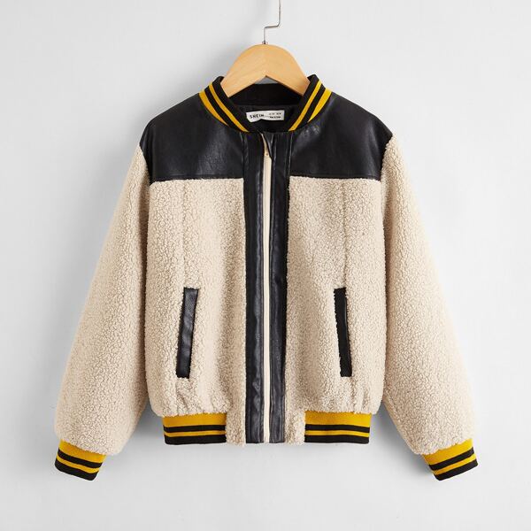 

Boys Stripe Trim Zip Up Teddy Bomber Jacket, Apricot