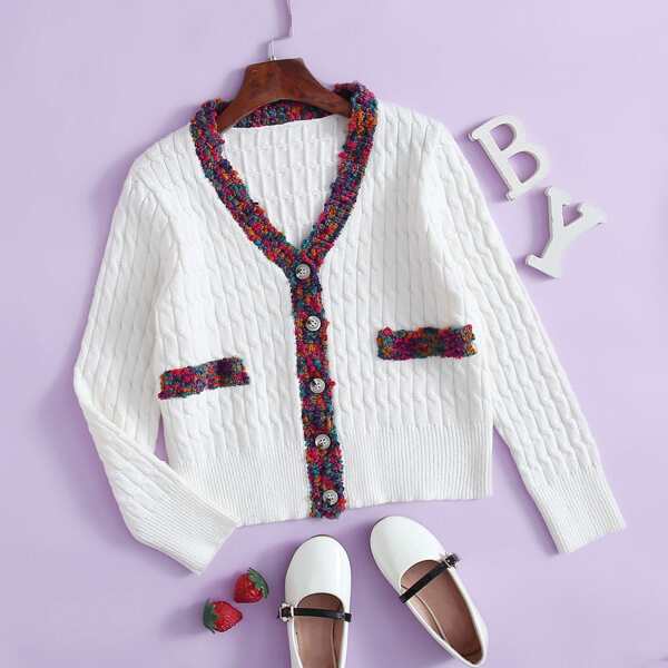 

Girls Button Front Cable Knit Cardigan, White