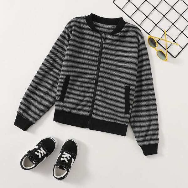 

Boys Striped Zip Up Bomber Jacket, Dark grey
