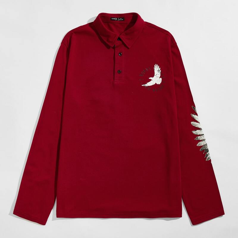

Men Letter & Eagle Print Polo Shirt, Red