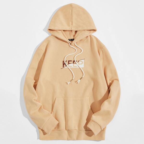 

Men Pouch Pocket Letter Graphic Hoodie, Apricot
