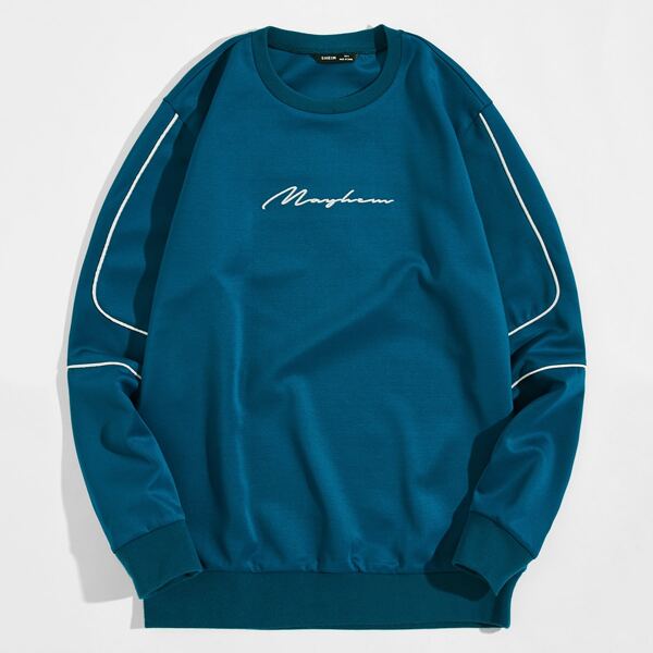 

Men Contrast Piping Letter Graphic Pullover, Teal blue