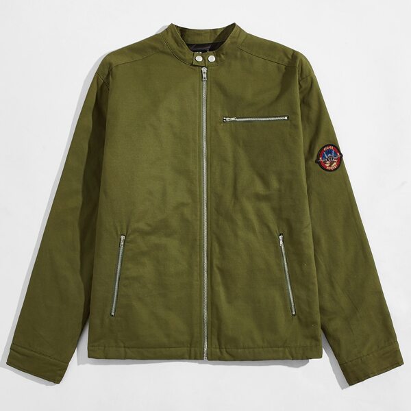 

Men Patch Detail Zipper Front Jacket, Army green