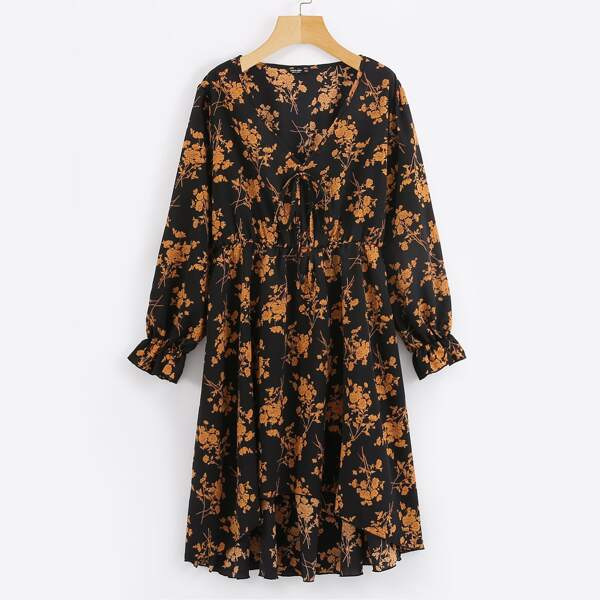 

Plus All Over Floral Print High Low Hem Flounce Sleeve Dress, Multicolor