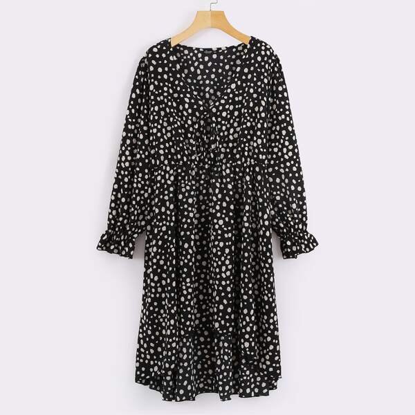 

Plus Dalmatian Print High Low Hem Flounce Sleeve Dress, Black