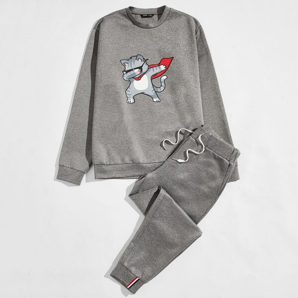 

Men Cartoon Graphic Pullover & Striped Tape Joggers Set, Silver
