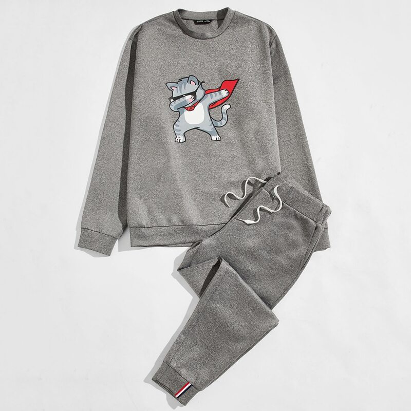 

Guys Cartoon Graphic Pullover & Striped Tape Joggers Set, Silver