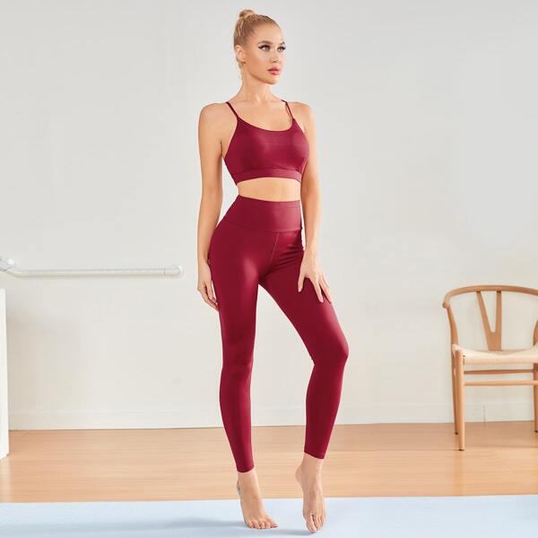 

Solid Sports Bra With Wide Band Waist Sports Leggings, Burgundy