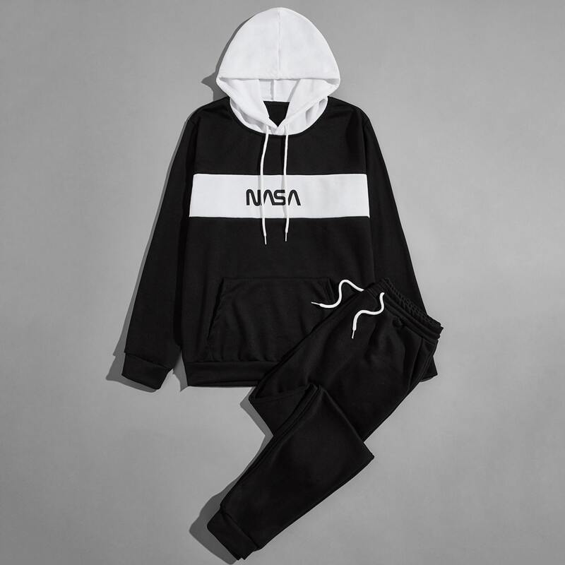 

Guys Colorblock And Letter Graphic Kangaroo Pocket Hoodie With Sweatpants, Black