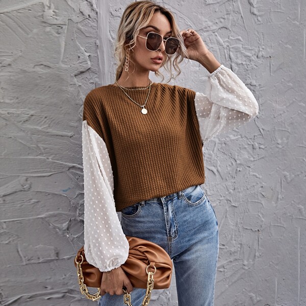 

Swiss Dot Lantern Sleeve Waffle Knit Top, Brown
