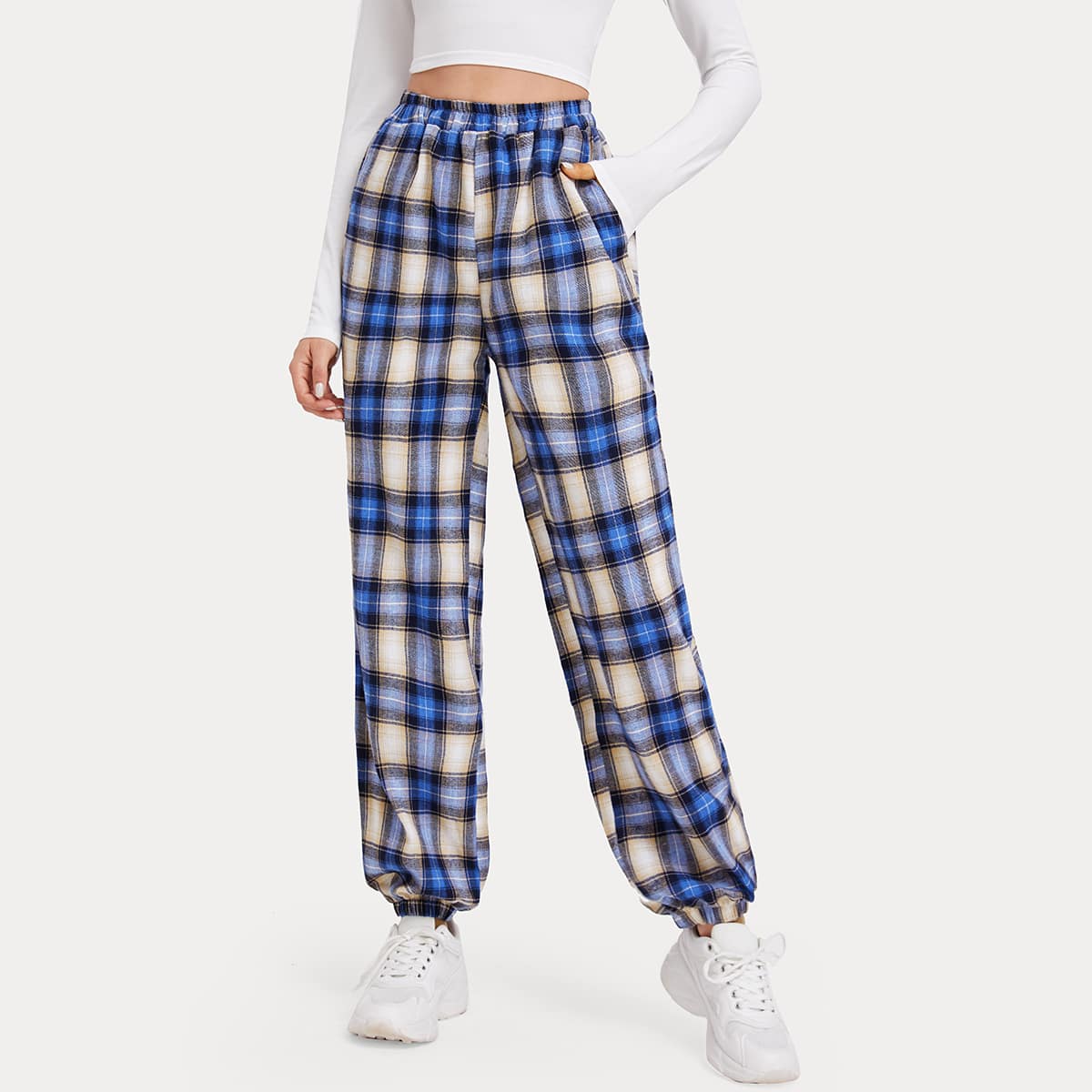 

Elastic Waist Plaid Joggers, Multicolor