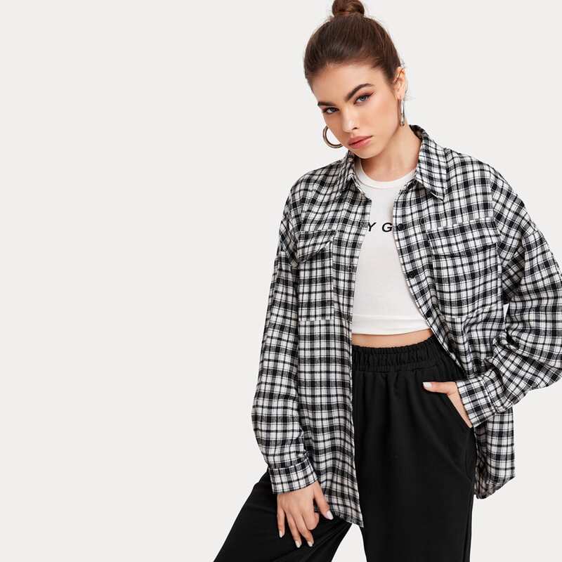 

Flap-Pocket Plaid Overshirt, Black and white