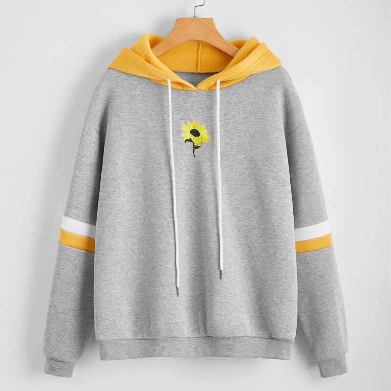 

Varsity Striped Sunflower Embroidery Hoodie, Light grey