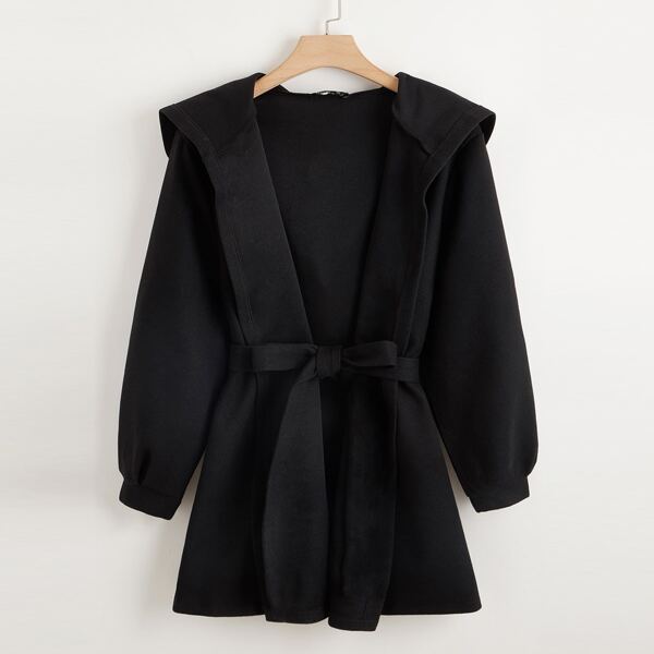 

Plus Open Front Belted Hooded Coat, Black