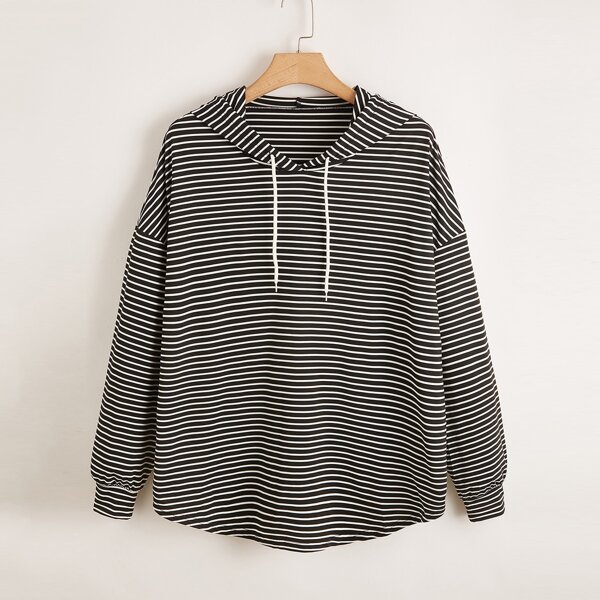 

Plus Striped Drop Shoulder Hoodie, Black and white