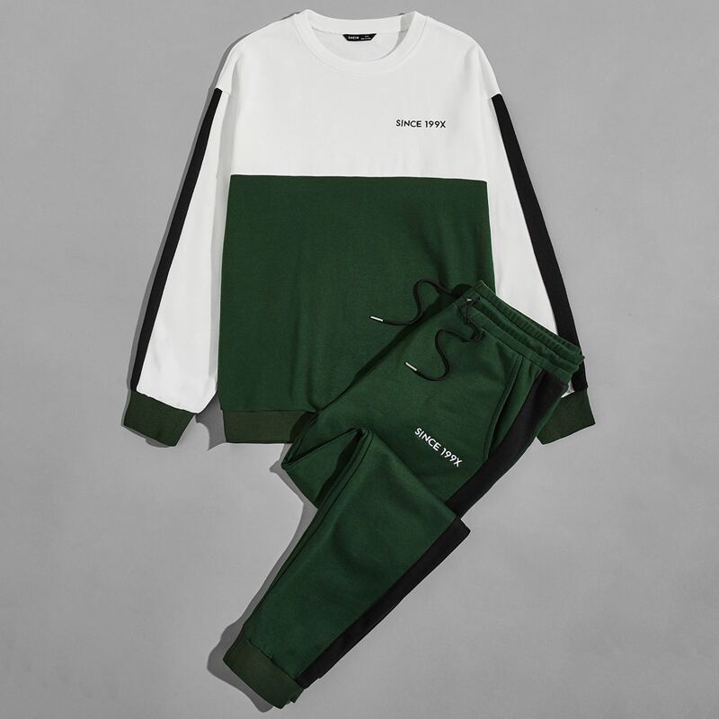 

Guys Colorblock Embroidery Detail Pullover & Drawstring Sweatpants Set, Dark green