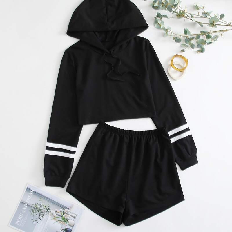 

Varsity Striped Hoodie & Shorts PJ Set, Black
